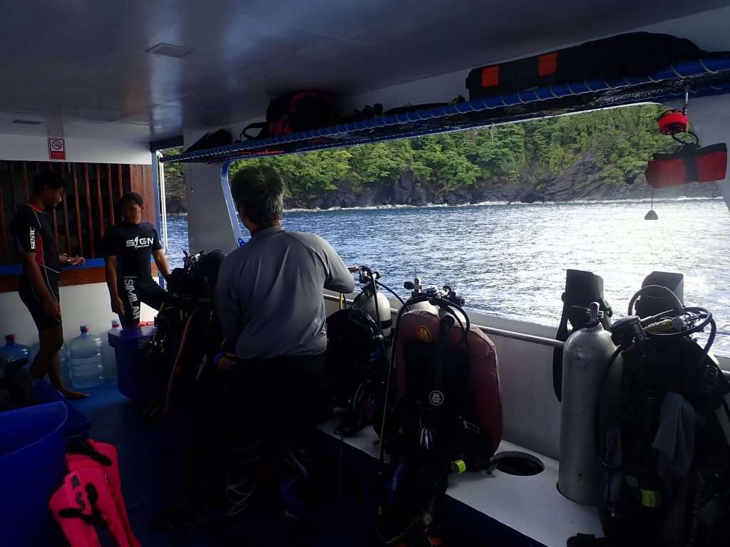 Dive boat with divers at Similan Island.